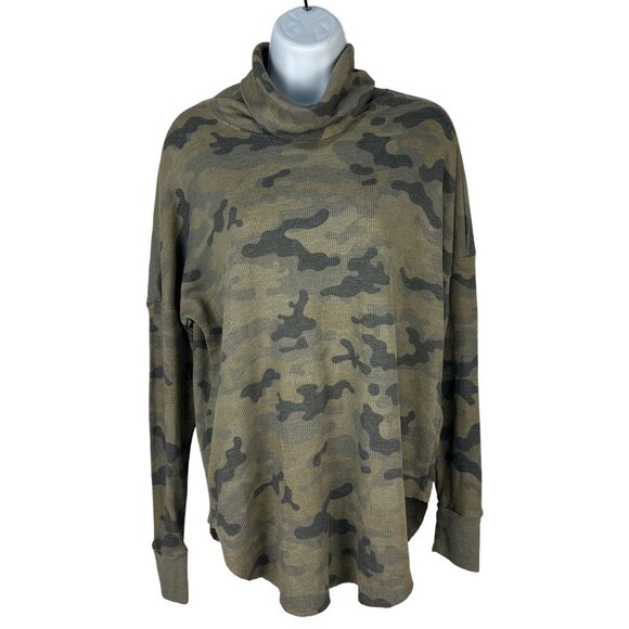 Michael Stars Camo Print Cowl Neck Long Sleeve Waffle Knit Top Women’s L - Picture 1 of 4